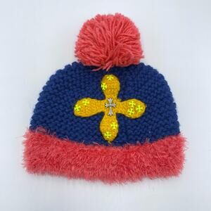 Hand Knit Adult Pink & Blue Pom Pom Cross Accent Beanie Hat 90's Y2K Retro